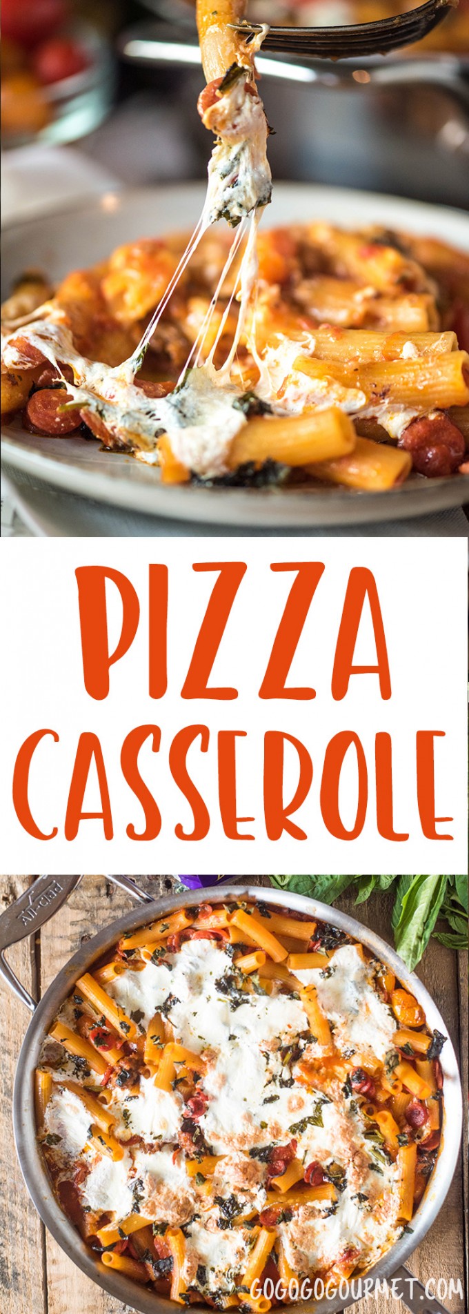 This Pizza Casserole is loaded with everything that you love about pizza! Sausage, pepperoni and fresh mozzarella are baked with rigatoni for a fast dinner! via @gogogogourmet