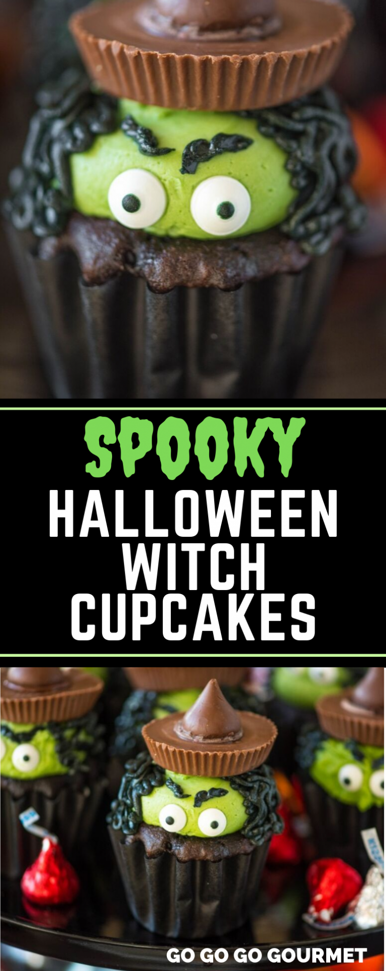 These Witch Cupcakes are one of the most adorable Halloween cupcake ideas ever! Super easy to do with candy eyes and favorite Halloween treats! They are cute, and super fun for kids to help with too. #gogogogourmet #halloweenwitchcupcakes #witchcupcakes #halloweencupcakes #halloweendesserts via @gogogogourmet