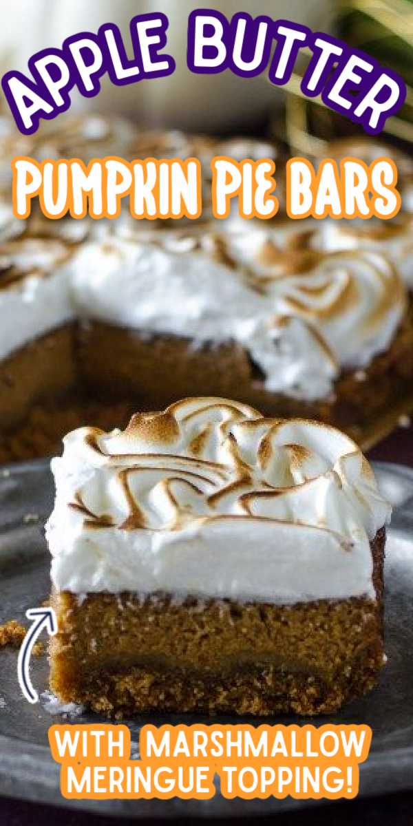 These Apple Butter Pumpkin Pie Bars with Marshmallow Meringue Topping make the perfect fall dessert for the holidays! Thanksgiving and Christmas won't be the same without this easy recipe on your dessert table! #gogogogourmet #applebutterpumpkinpiebars #pumpkinbars #pumpkinrecipes #thanksgivingdesserts via @gogogogourmet