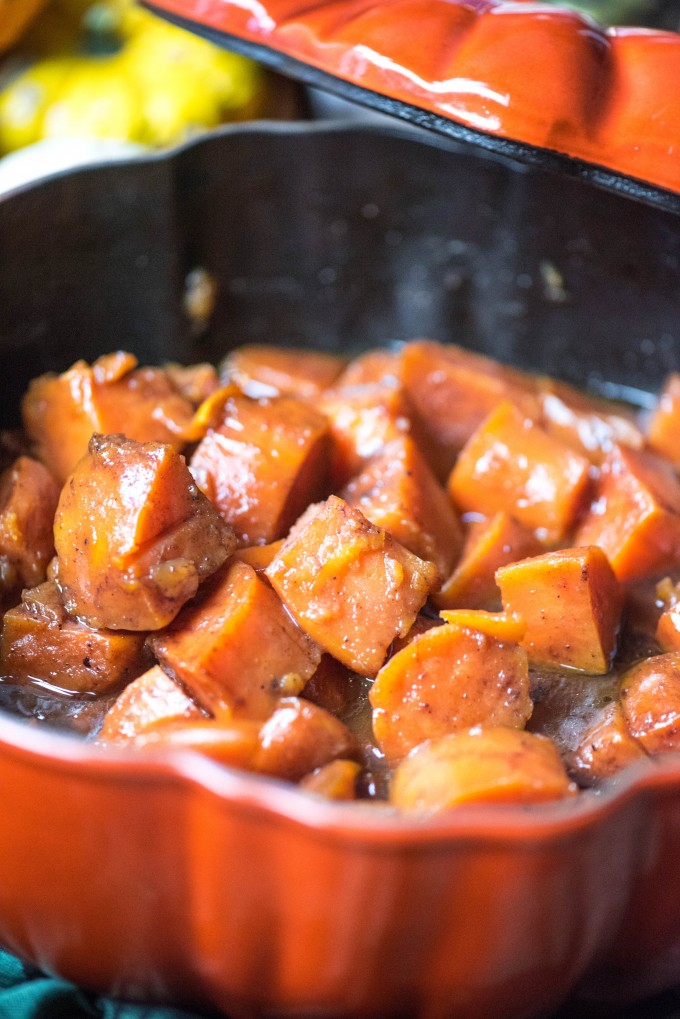 Best candied sweet potatoes in a pumpkin baking dish as thanksgiving recipes