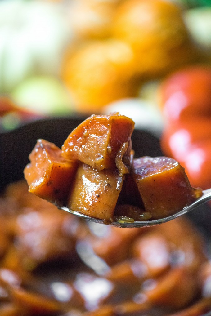 Candied sweet potatoes on a spoon