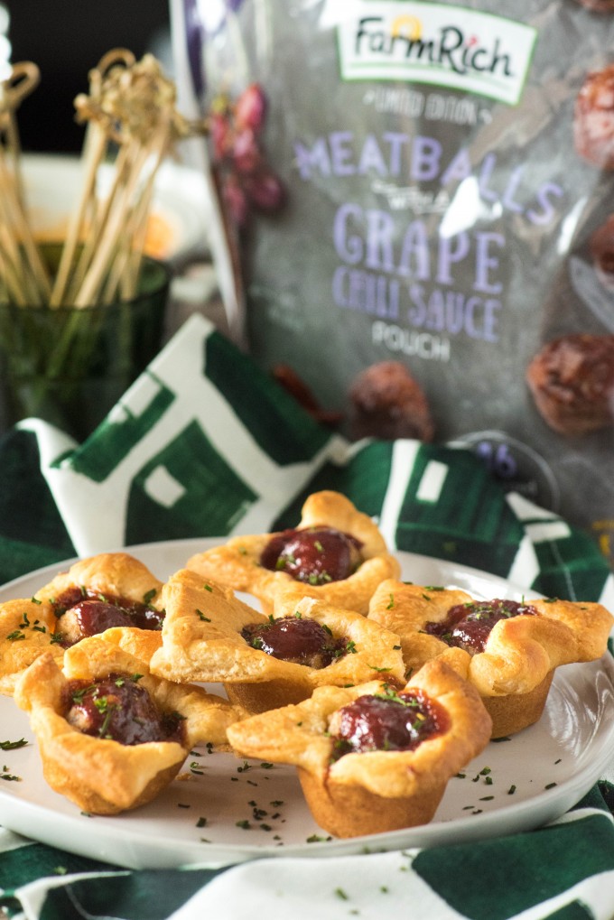 Grape Chili Sauced meatballs in their own crescent roll cup- easy holiday party appetizer! | @gogogogourmet