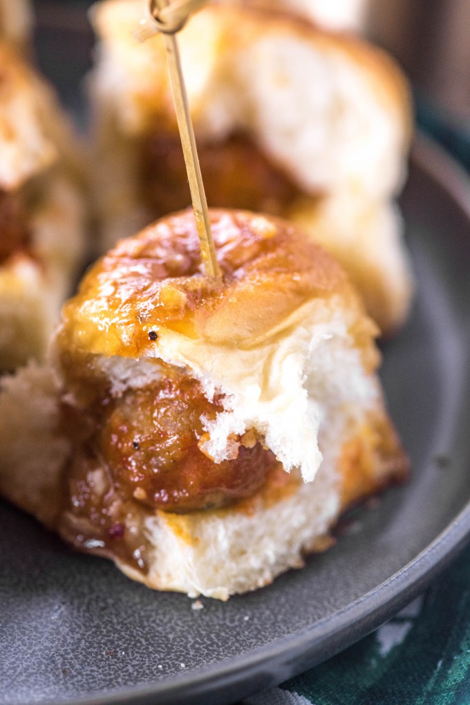 Spicy Sweet Meatball sliders as a holiday party appetizer recipe!| @gogogogourmet