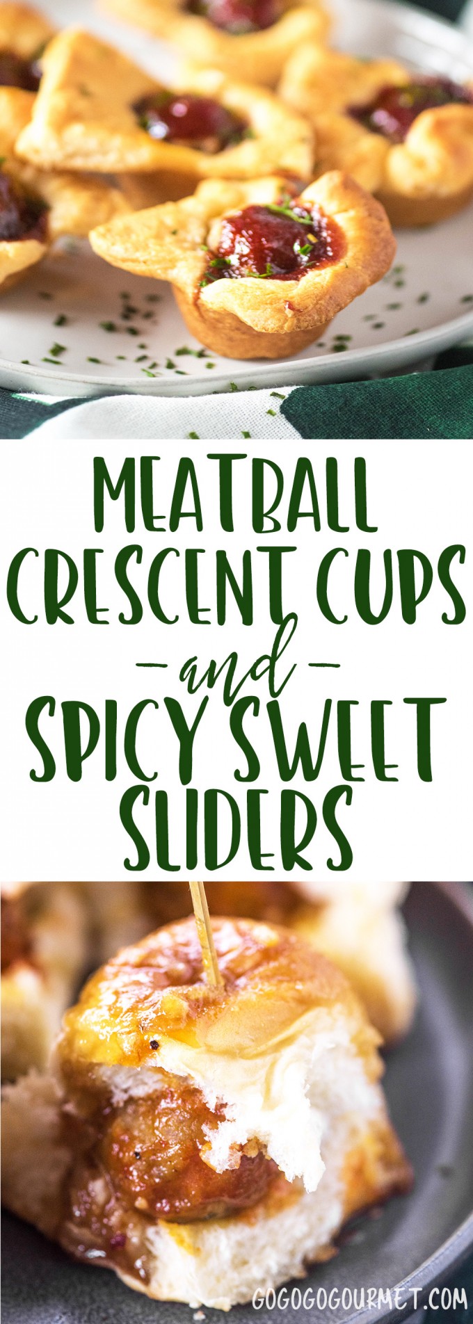 These easy meatball appetizers are perfect for Thanksgiving and any Christmas party- crescent roll meatball cups and spicy sweet meatball sliders on Hawaiian rolls! via @gogogogourmet