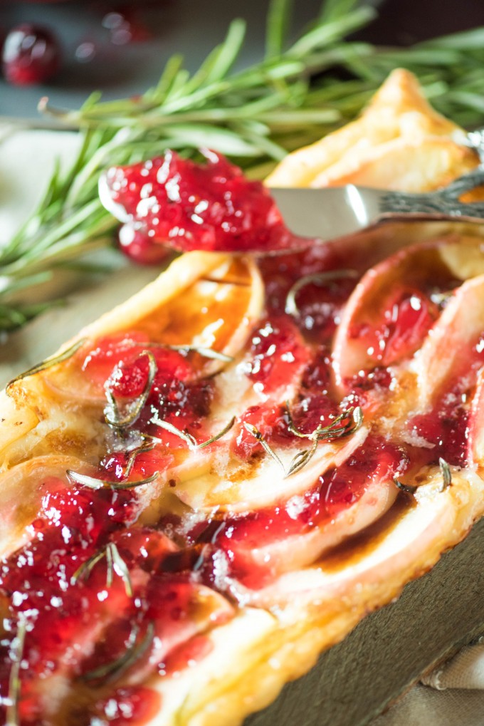 Apple brie puff pastry tart with a knife as thanksgiving sides