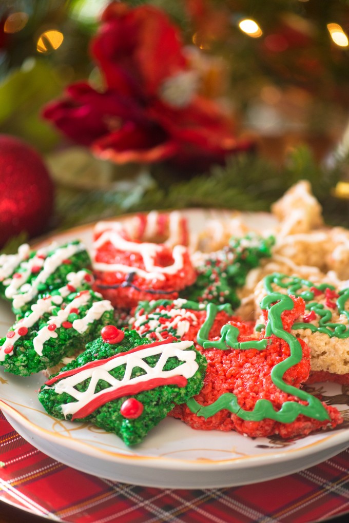 Rice Krispie Cutouts on a white plate - christmas desserts