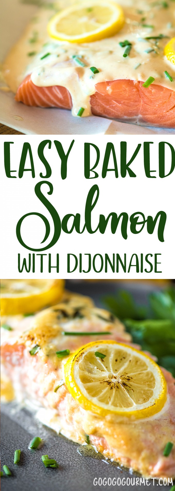 This Easy Oven Baked Lemon Salmon is topped off with an incredible dijonnaise sauce- so fast, its perfect for busy nights! #salmonrecipe #salmon #dinnerideas #dinnertime via @gogogogourmet