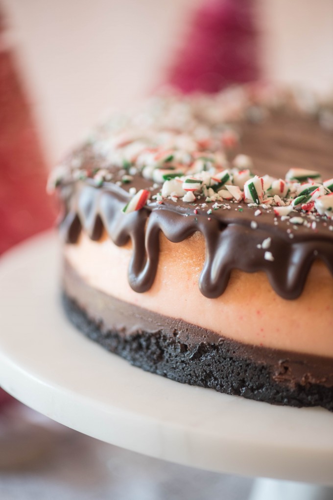 Close up of chocolate peppermint cheesecake - christmas desserts