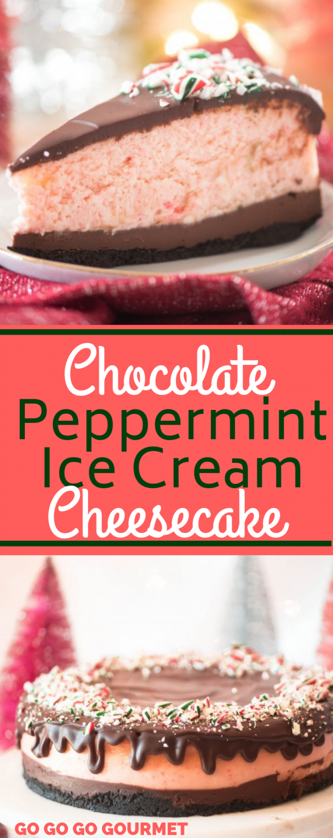 This Chocolate Peppermint Ice Cream Cheesecake recipe is easy as pie! Made with plenty of chocolate ganache and Oreo cookies, this cheesecake makes a showstopping Christmas dessert! While it isn't no bake, it is definitely worth the little bit of extra work! #gogogogourmet #chocolatepeppermintcheesecake #peppermintcheesecake #christmasdesserts via @gogogogourmet