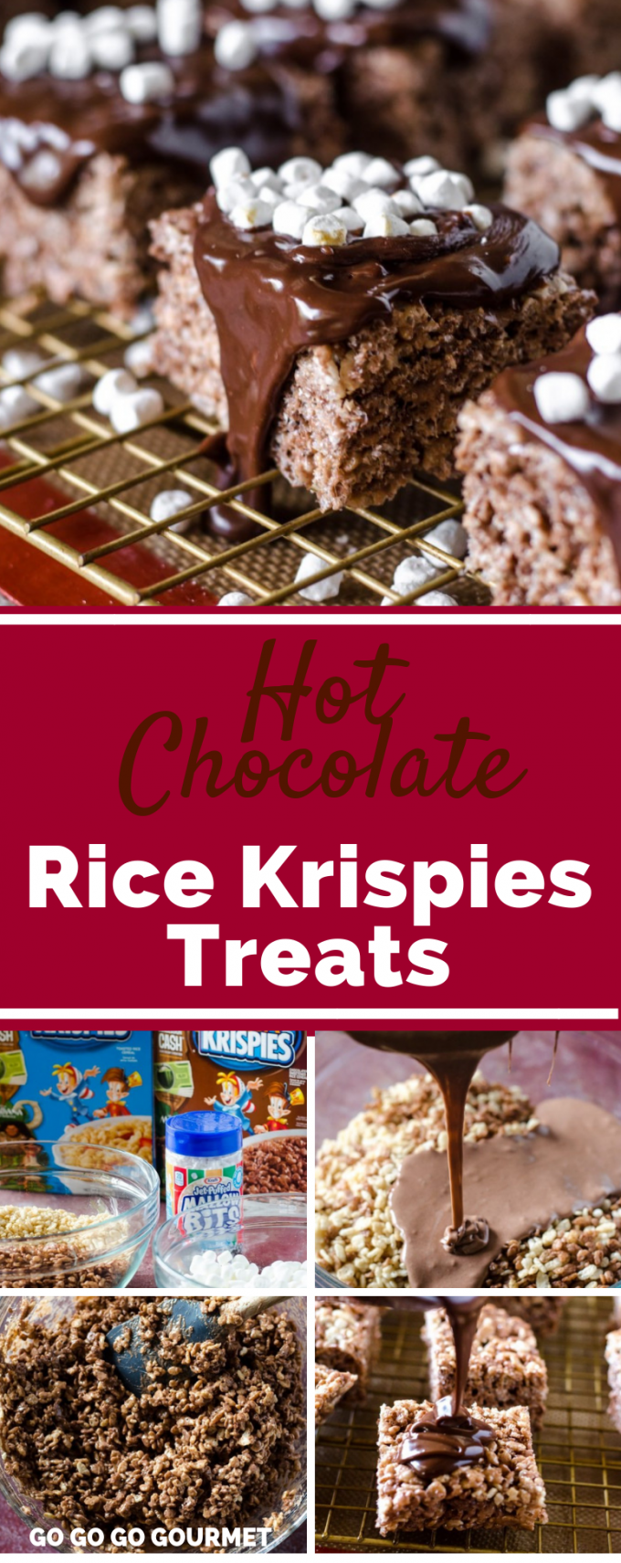 Forget the candy canes, these Hot Chocolate Rice Krispie Treats are a fun and easy no bake treat for the holidays! This recipe doesn't use peanut butter, but has plenty of melty chocolate! Top with mini marshmallows and this recipe will soon become one of your favorite desserts for Christmas! #GoGoGoGourmet #HotChocolateRiceKrispieTreats #ChristmasDesserts #RiceKrispieTreatRecipes #EasyDessertRecipes via @gogogogourmet