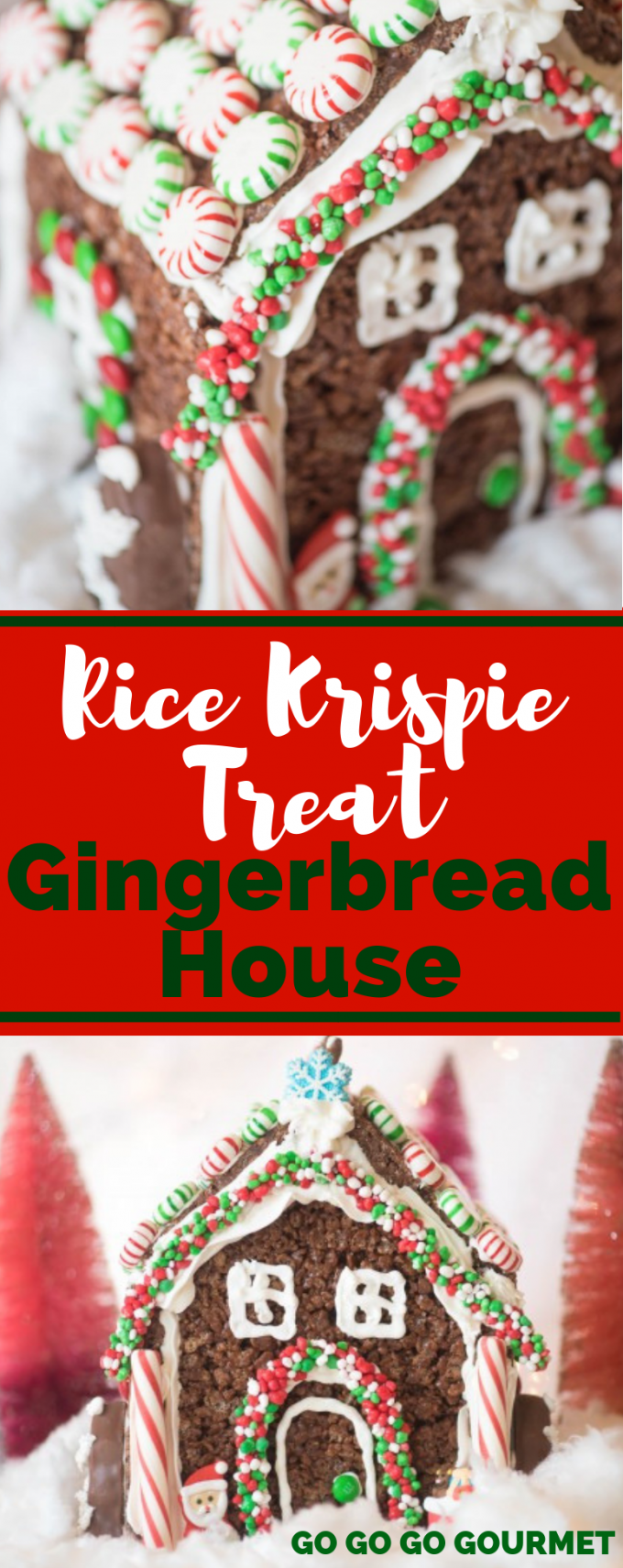 If you're wondering how to make a gingerbread house, this may be one of the easiest ideas ever for building a gingerbread house from scratch! No bake, easy recipe and virtually no fuss- makes decorating for kids easy! The perfect Rice Krispie Treats for Christmas. #gogogogourmet #ricekrispietreatgingerbreadhouse #gingerbreadhouserecipe #christmasrecipes via @gogogogourmet