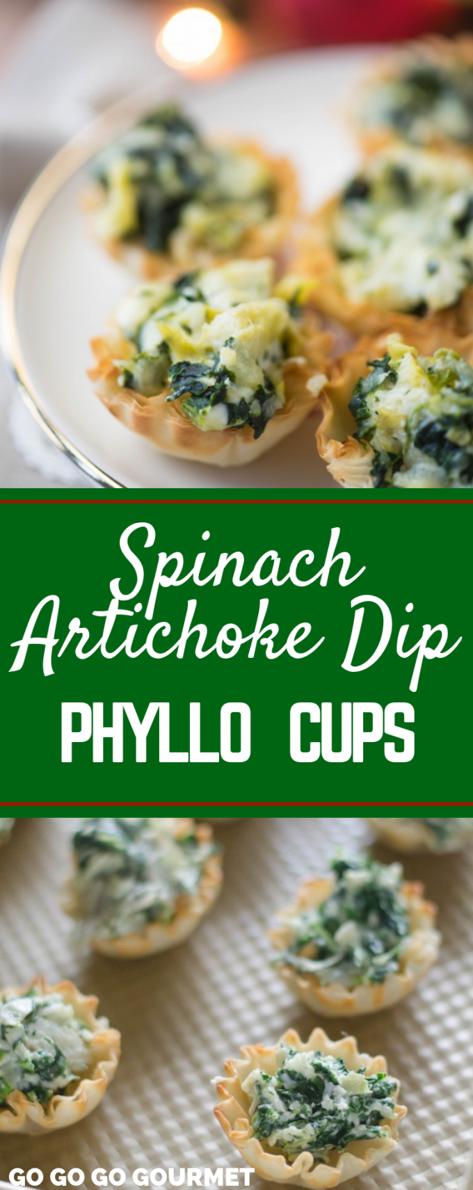 These easy Baked Spinach Artichoke Dip Cup Bites are the perfect party appetizers! Full of veggies, this recipe is one of the best finger foods! Make or freeze them ahead of time and bake when you need them! #gogogogourmet #spinachartichokedipbites #appetizer #christmas #partyfoods #partyfoodrecipes #holidayparty via @gogogogourmet