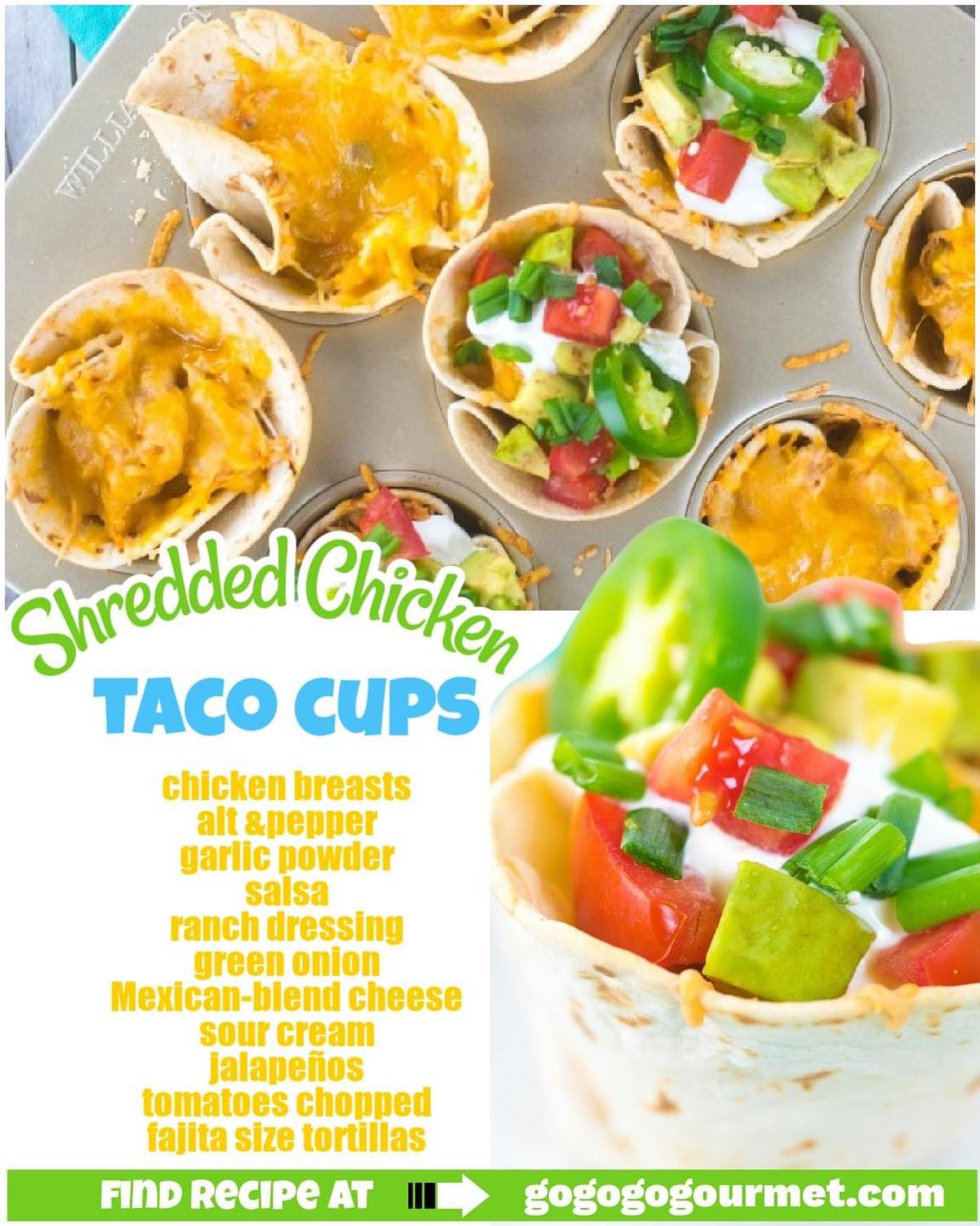 These easy crockpot shredded chicken taco cups are an easy appetizer- just cook chicken breasts with salsa in the slow cooker, then fill and bake in the oven! #gogogogourmet #slowcookerrecipes #chickentacocups #easychickenrecipes via @gogogogourmet