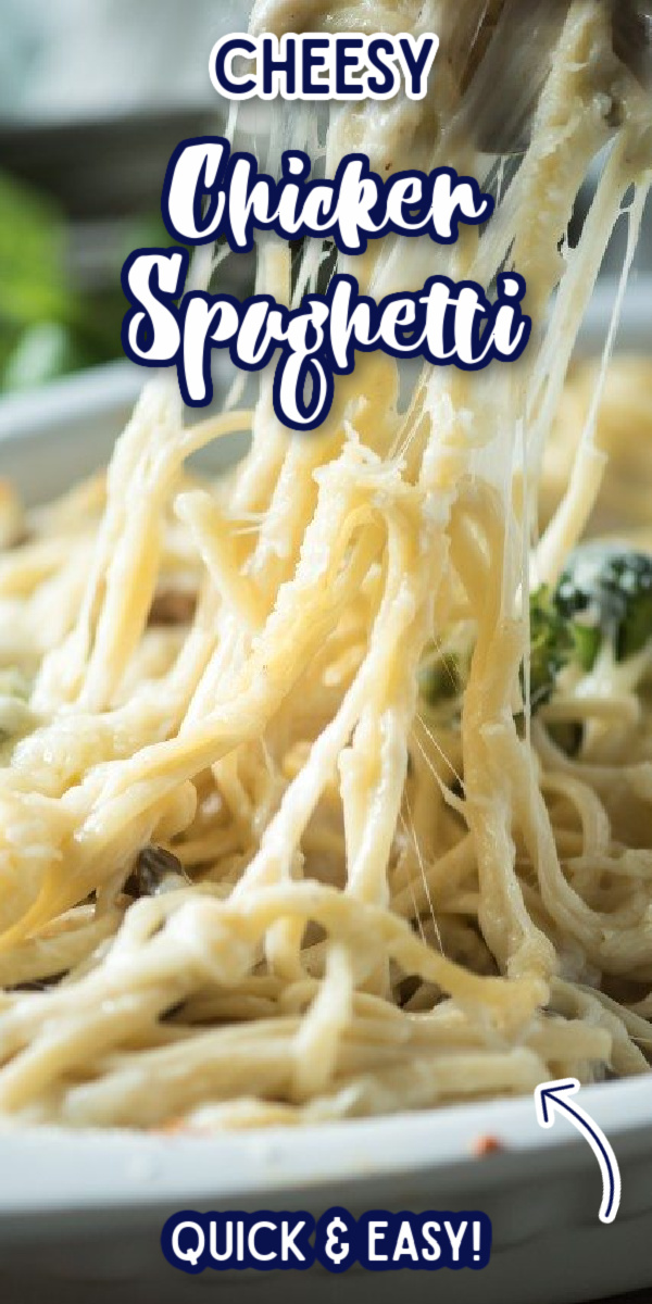 Cheesy Chicken Spaghetti- a fast and easy weeknight meal using rotisserie chicken! It's as easy as making a casserole, and it's creamy, delicious and everyone loves it! Move over Pioneer Woman, there's a new recipe in town! #gogogogourmet #cheesychickenspaghetti #pasta #easypastarecipes via @gogogogourmet