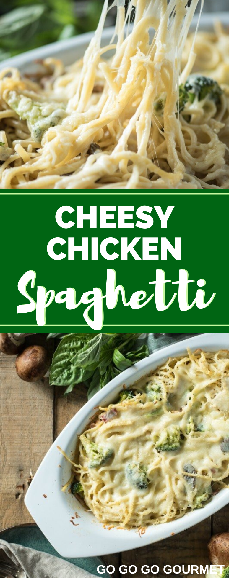 Cheesy Chicken Spaghetti- a fast and easy weeknight meal using rotisserie chicken! It's as easy as making a casserole, and it's creamy, delicious and everyone loves it! Move over Pioneer Woman, there's a new recipe in town! #gogogogourmet #cheesychickenspaghetti #pasta #easypastarecipes via @gogogogourmet