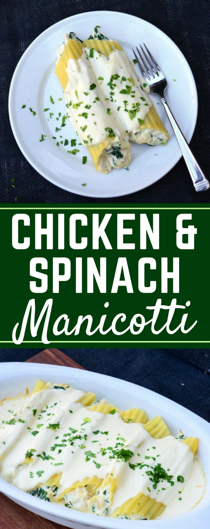 This is the best easy Chicken and Spinach Manicotti recipe. Stuffed with ricotta cheese and spices, and then topped with a creamy alfredo sauce, it's an Italian dish that just can't be beat! #chickenmanicotti #olivegardenalfredo #easyweeknightdinner #chickenandspinachmanicotti #gogogogourmet