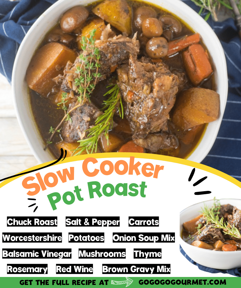 This easy Slow Cooker Pot Roast cooks all day in the crockpot with a smattering of cold-weather vegetables, red wine, and onion soup mix and has the most delicious gravy! #slowcooker #beef #potatoes #potroast via @gogogogourmet