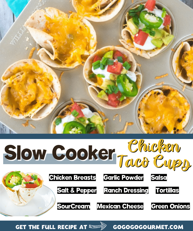 These easy crockpot shredded chicken taco cups are an easy appetizer- just cook chicken breasts with salsa in the slow cooker, then fill and bake in the oven! #gogogogourmet #slowcookerrecipes #chickentacocups #easychickenrecipes via @gogogogourmet