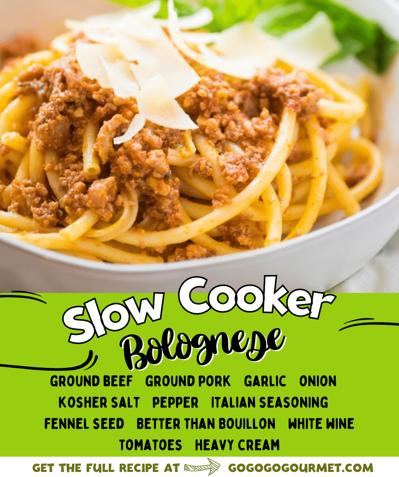 BEST EVER! This Slow Cooker Bolognese cooks all day long in the crockpot. Hearty and rich, it's full of incredible classic authentic Italian flavors, and coats every strand of pasta perfectly. #gogogogourmet #slowcookerbolognese #bolognesesauce #homemadepastasauce via @gogogogourmet