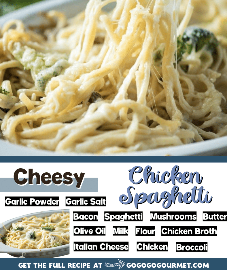 Cheesy Chicken Spaghetti- a fast and easy weeknight meal using rotisserie chicken! It's as easy as making a casserole, and it's creamy, delicious and everyone loves it! Move over Pioneer Woman, there's a new recipe in town! #gogogogourmet #cheesychickenspaghetti #pasta #easypastarecipes via @gogogogourmet
