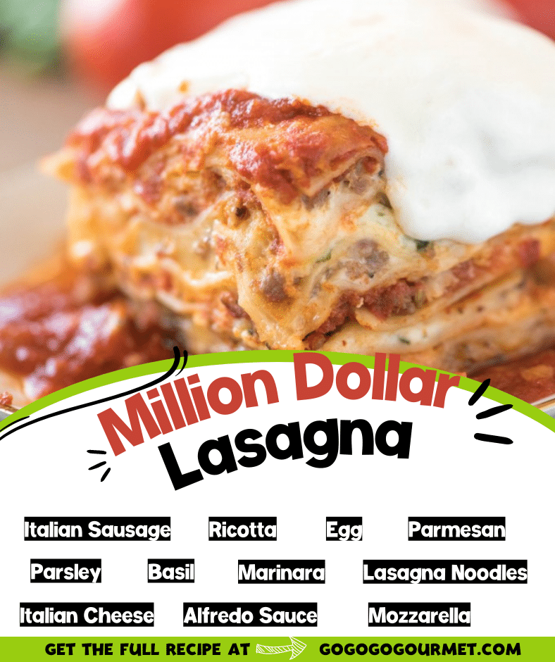 This easy classic lasagna recipe is million-dollar-good! Layers of marinara, Alfredo sauce, sausage, ricotta cheese, herbs and fresh mozzarella! No boil makes it great for busy nights. via @gogogogourmet