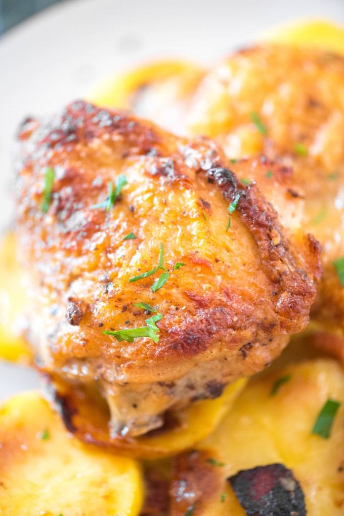 Baked Chicken Thighs recipe with mustard, bacon and potatoes