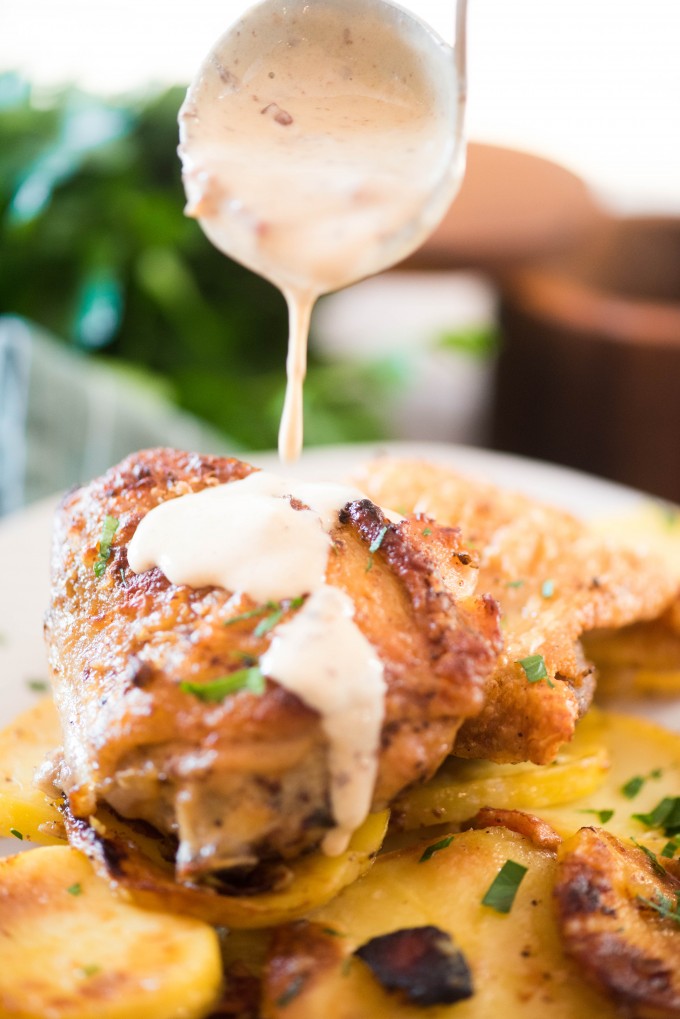 Baked Chicken Thighs Drizzled with Creamy Mustard Sauce