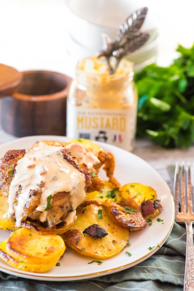 Crispy Baked Chicken Thighs with Potatoes, Bacon and Mustard Cream Sauce