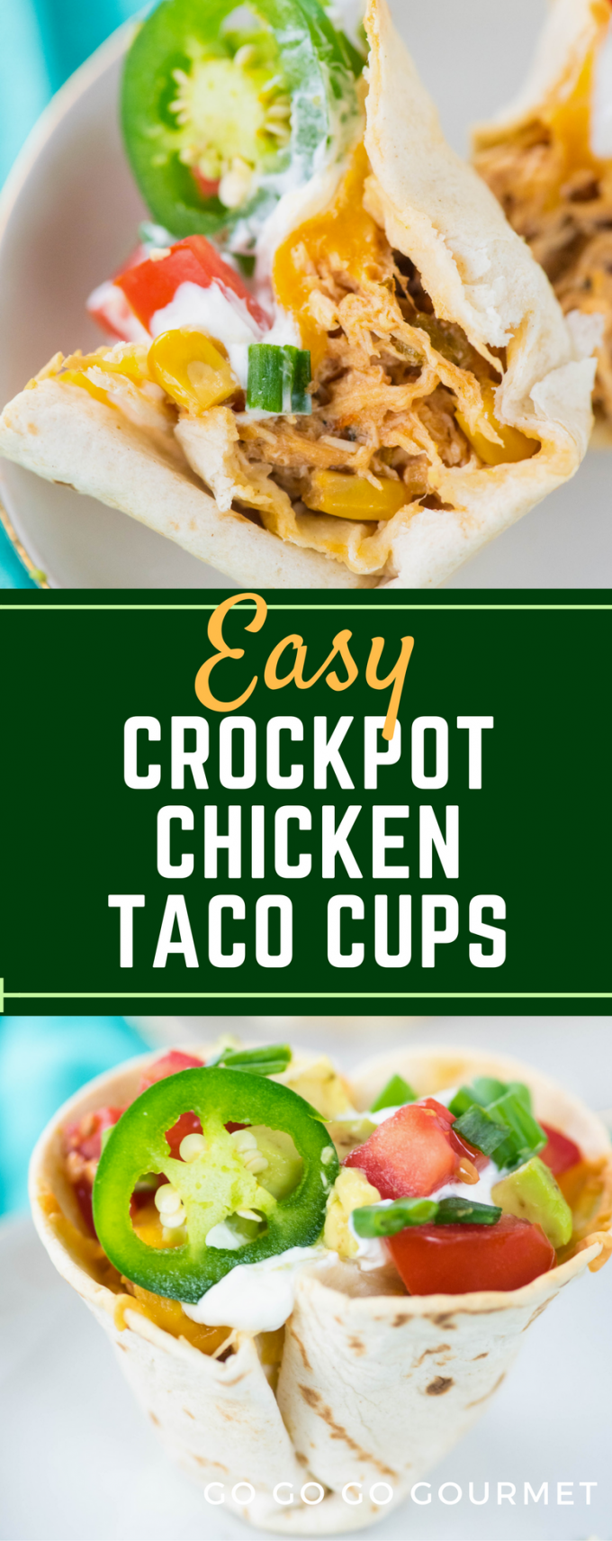 These easy crockpot shredded chicken taco cups are an easy appetizer- just cook chicken breasts with salsa in the slow cooker, then fill and bake in the oven! #gogogogourmet #slowcookerrecipes #chickentacocups #easychickenrecipes via @gogogogourmet