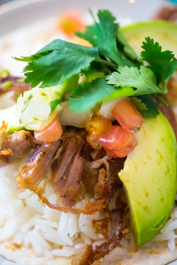 Instant pot carnitas with avocado, pico de Gallo and rice