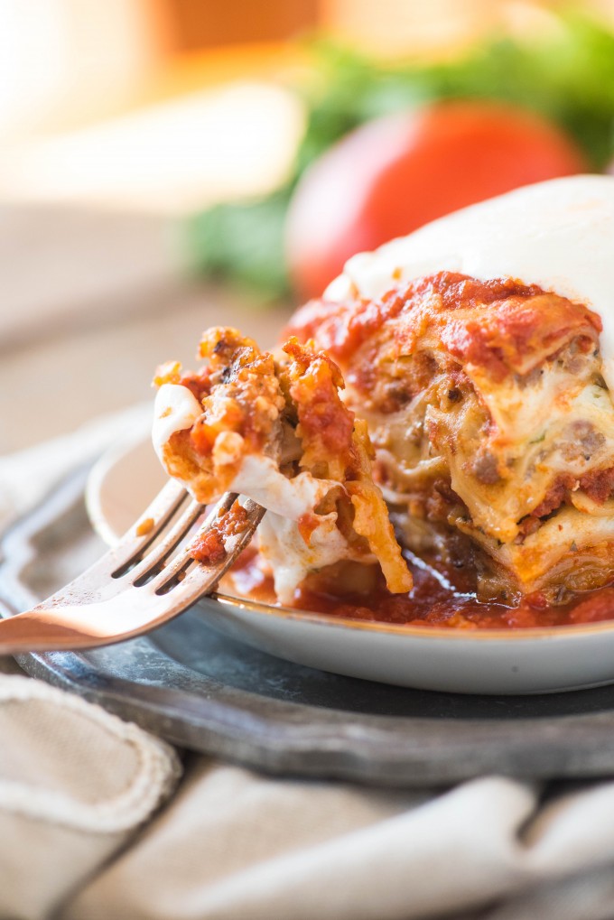 bite of lasagna on a fork