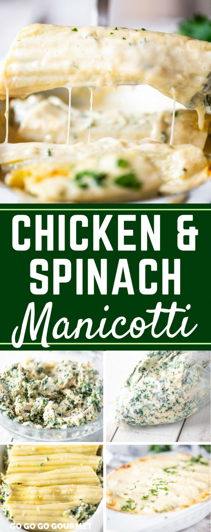 This is the best easy Chicken and Spinach Manicotti recipe. Stuffed with ricotta cheese and spices, and then topped with a creamy alfredo sauce, it's an Italian dish that just can't be beat! #chickenmanicotti #olivegardenalfredo #easyweeknightdinner #chickenandspinachmanicotti #gogogogourmet via @gogogogourmet