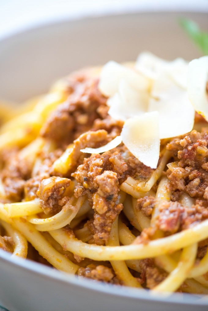 crockpot spaghetti bolognese in a white bowl