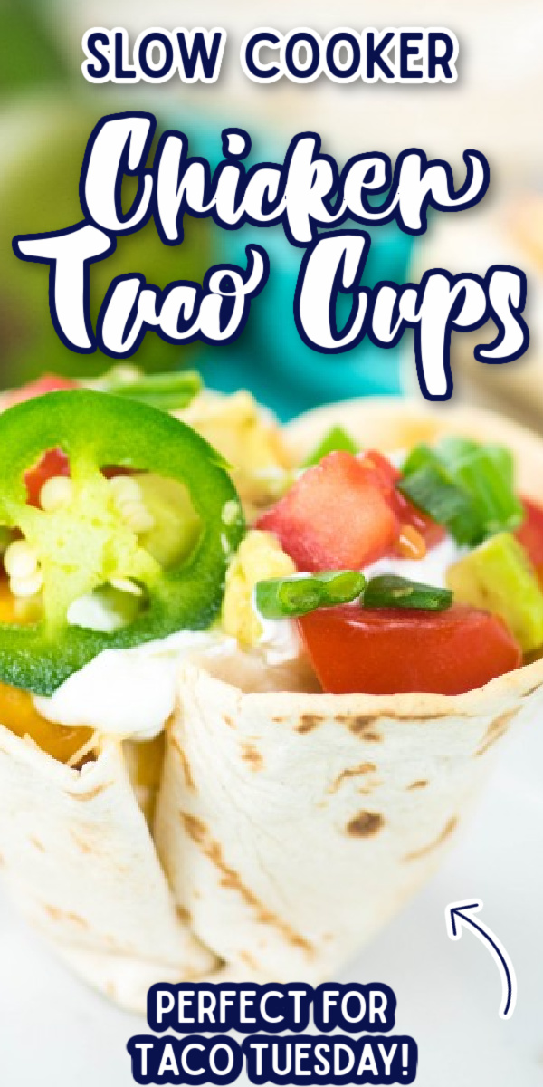 These easy crockpot shredded chicken taco cups are an easy appetizer- just cook chicken breasts with salsa in the slow cooker, then fill and bake in the oven! #gogogogourmet #slowcookerrecipes #chickentacocups #easychickenrecipes via @gogogogourmet