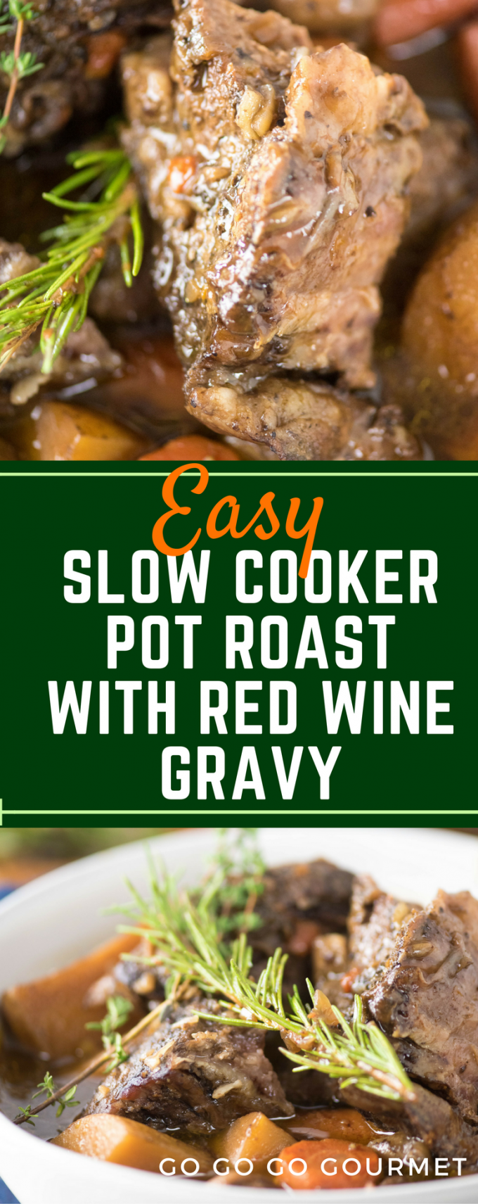 This easy Slow Cooker Pot Roast cooks all day in the crockpot with a smattering of cold-weather vegetables, red wine, and onion soup mix and has the most delicious gravy! #slowcooker #beef #potatoes #potroast via @gogogogourmet