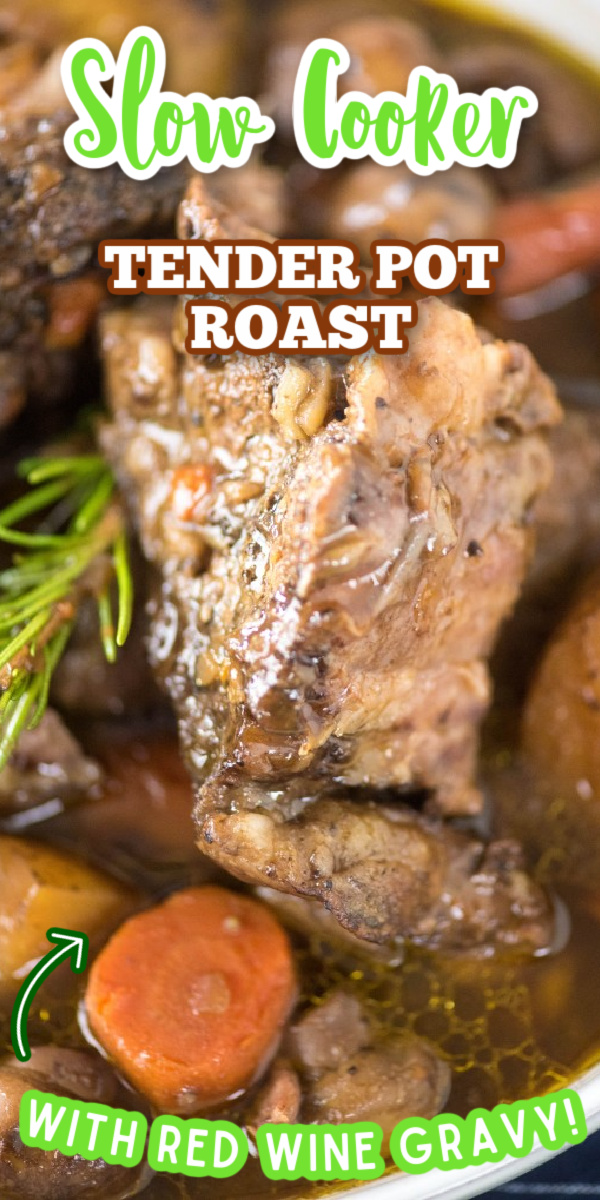 This easy Slow Cooker Pot Roast cooks all day in the crockpot with a smattering of cold-weather vegetables, red wine, and onion soup mix and has the most delicious gravy! #slowcooker #beef #potatoes #potroast via @gogogogourmet