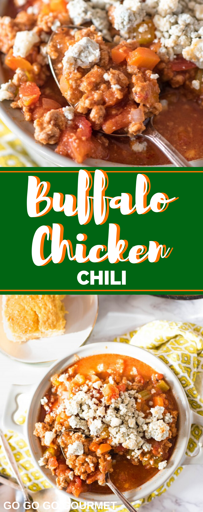 These easy Buffalo Chicken Chili is an easy twist of Rachel Ray's recipe, and is basically a healthy twist of everyone's dame day favorite-chicken wings! Make on the stove, or in the crockpot, slow cooker or Instant Pot! #buffalochickenchili #gamedayfood #buffalochicken #crockpotrecipes #gogogogourmet via @gogogogourmet