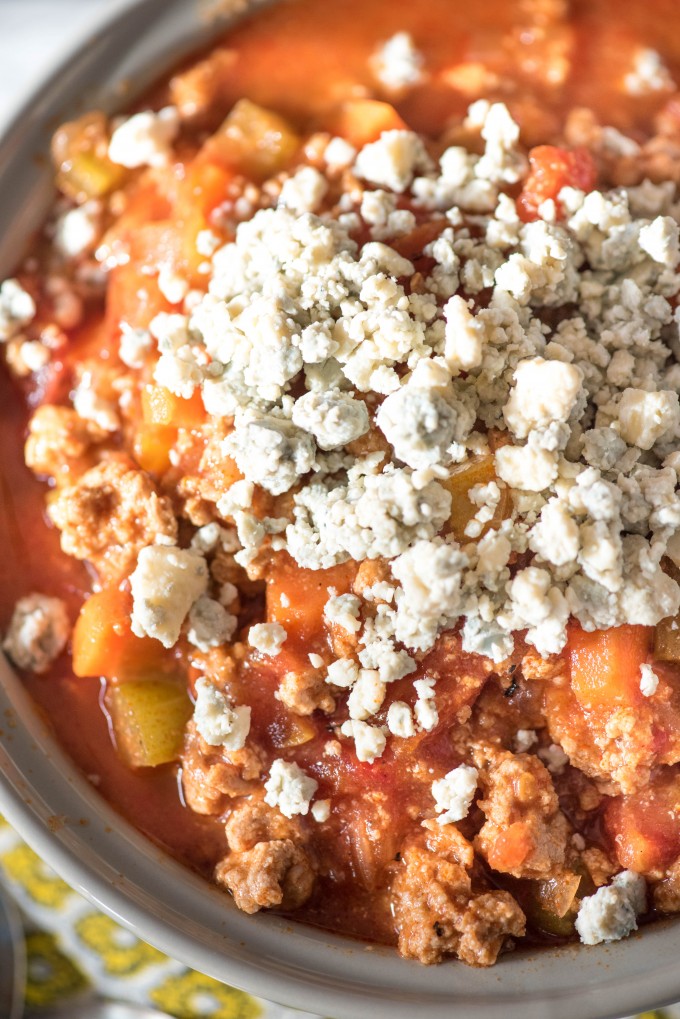 Buffalo Chicken Chili with Crumbled Blue Cheese