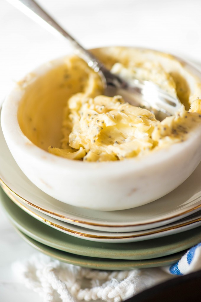 Honey Poppyseed Butter in white marble bowl