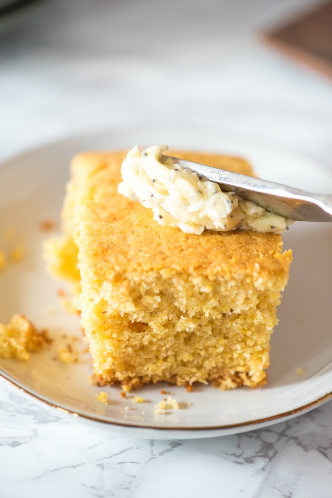 honey poppyseed butter spread onto honey cornbread