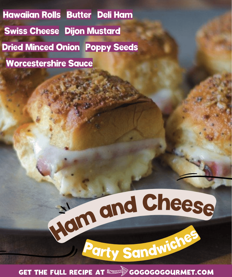 These hot little ham and cheese sliders baked on Hawaiian buns are so easy to make for a crowd as a holiday appetizer or party! The brown sugar and onion topping is killer! #gogogogourmet #appetizersforacrowd #ham #appetizer #appetizerfood via @gogogogourmet