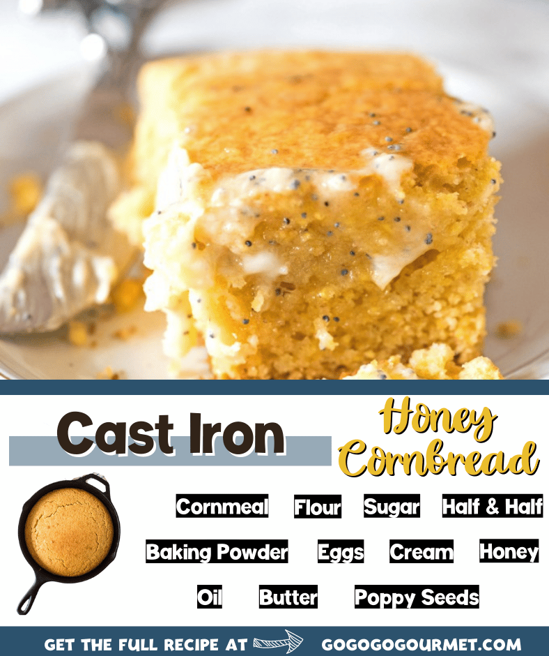 Forget the Jiffy! This Easy Honey Cornbread recipe is baked in a cast iron skillet, yielding a moist inside with crispy edges and just a touch of sweetness. Pair it with my delicious honey poppyseed butter. #honeycornbread #cornbreadrecipe #castironskillet #gogogogourmet via @gogogogourmet