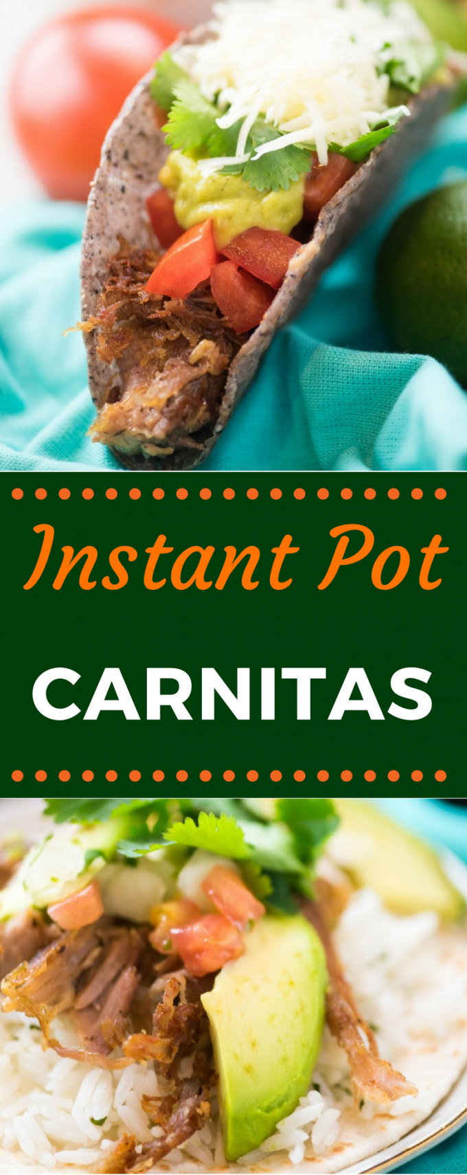 This Instant Pot Pork Carnitas recipe is bursting with authentic flavor! Put it on a crispy taco, or even a rice bowl. Dinner has never been so easy! #instantpotrecipe #instantpotcarnitas #easydinner #gogogogourmet