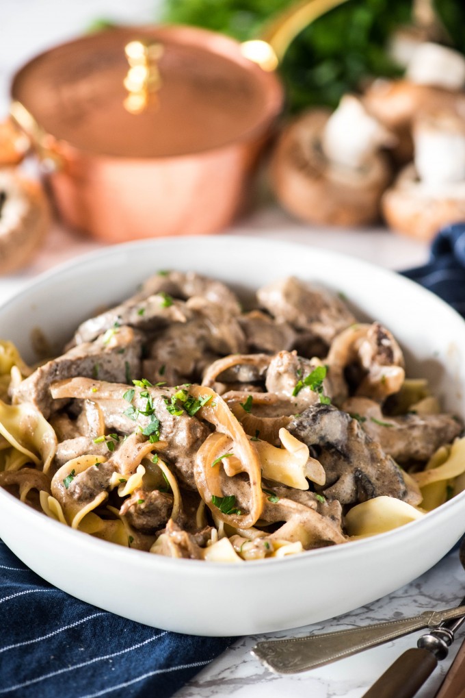 Easy beef stroganoff recipe in white bowl