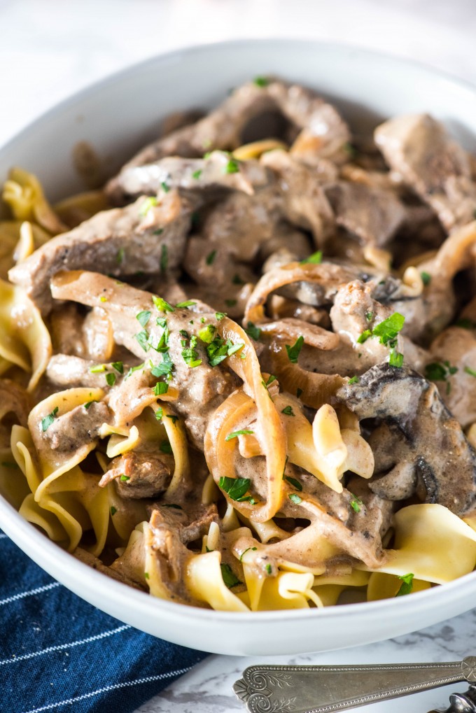 Beef Stroganoff over egg noodles in white bowl, close up shot