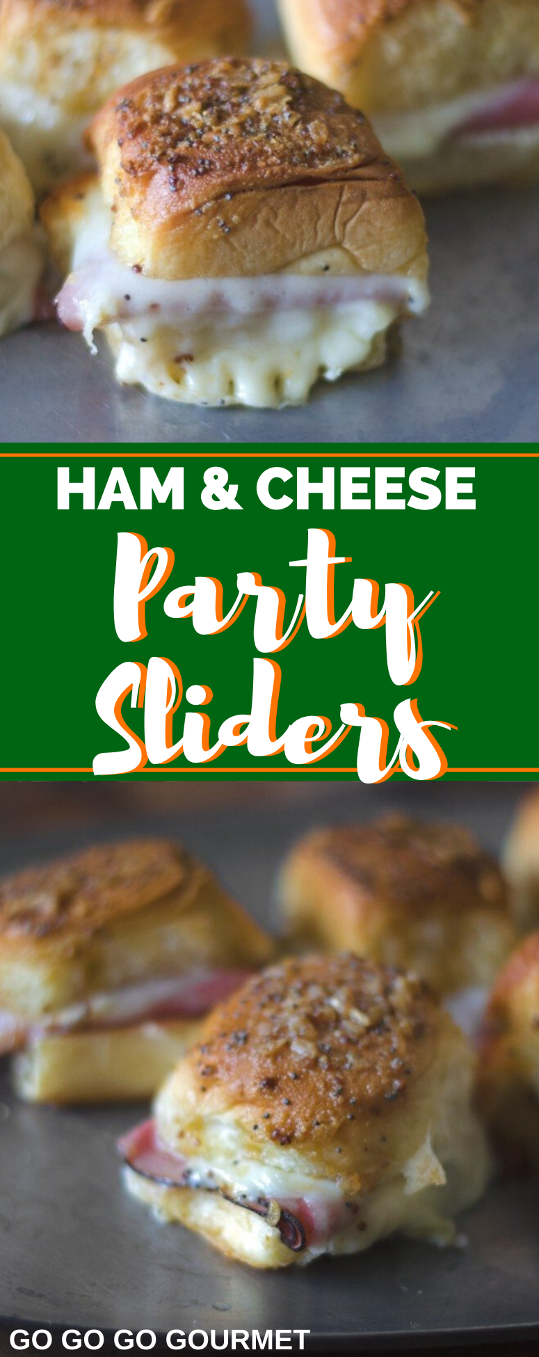 These hot little ham and cheese sliders baked on Hawaiian buns are so easy to make for a crowd as a holiday appetizer or party! The brown sugar and onion topping is killer! #gogogogourmet #appetizersforacrowd #ham #appetizer #appetizerfood via @gogogogourmet