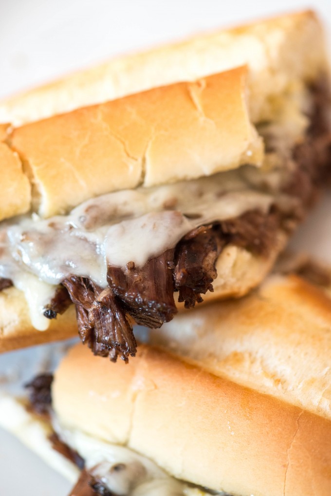 French dip sandwiches with provolone and au jus