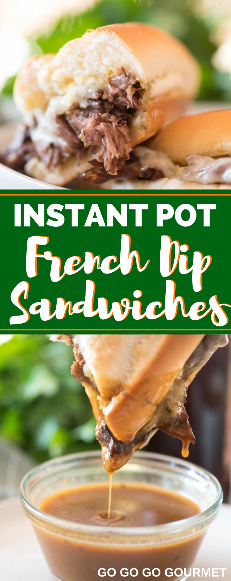 Forget the crock pot, this Instant Pot French Dip Sandwich recipe is made easy! Complete with an au jus dipping sauce, it's the best sandwich out there! It would be delicious made into sliders, too! #frenchdip #instantpot #instantpotrecipes #frenchdipsandwich #gogogogourmet via @gogogogourmet