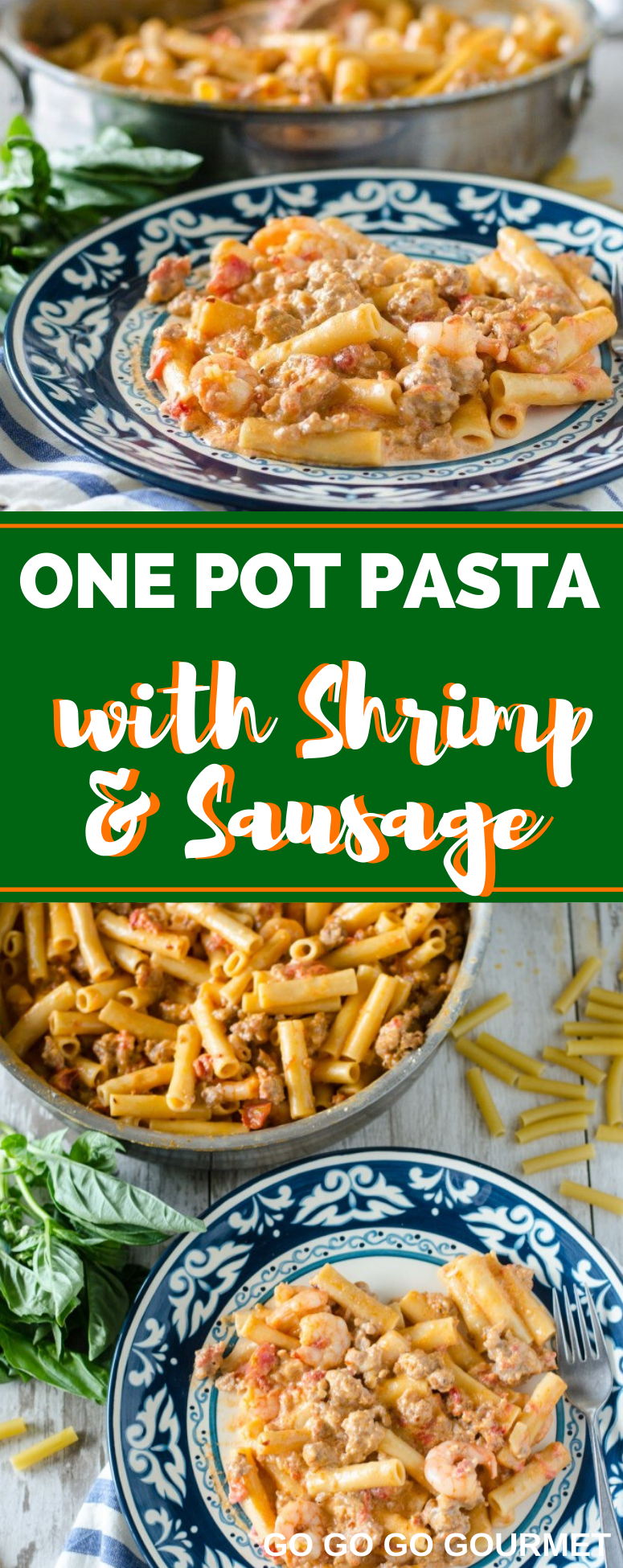 There's so much to like about this easy one pan pasta! It has vodka, sausage, shrimp and it's really fast. Put this One Pan Pasta with Shrimp, Sausage and Vodka Sauce on your weeknight dinner menu! #gogogogourmet #onepotpasta #pastawithshrimpandsausage #easyweeknightmeals via @gogogogourmet