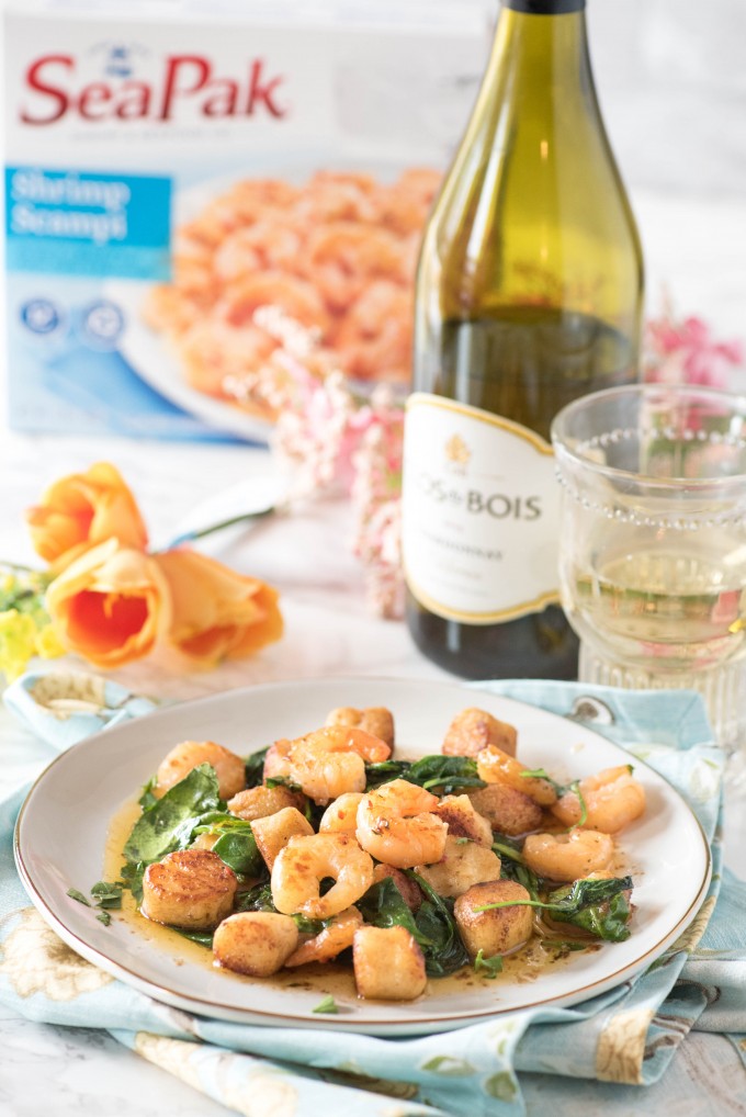 SeaPak Shrimp Scampi with Spinach and Gnudi, paired with Clos Du Bois Chardonnay